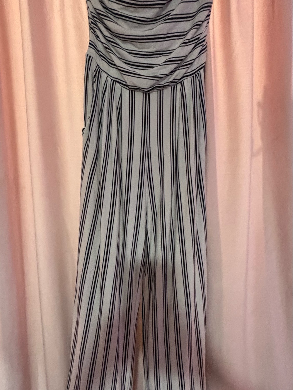 Wide-Leg Strapless Striped Jumpsuit in White and Black - Soft Knit w pockets